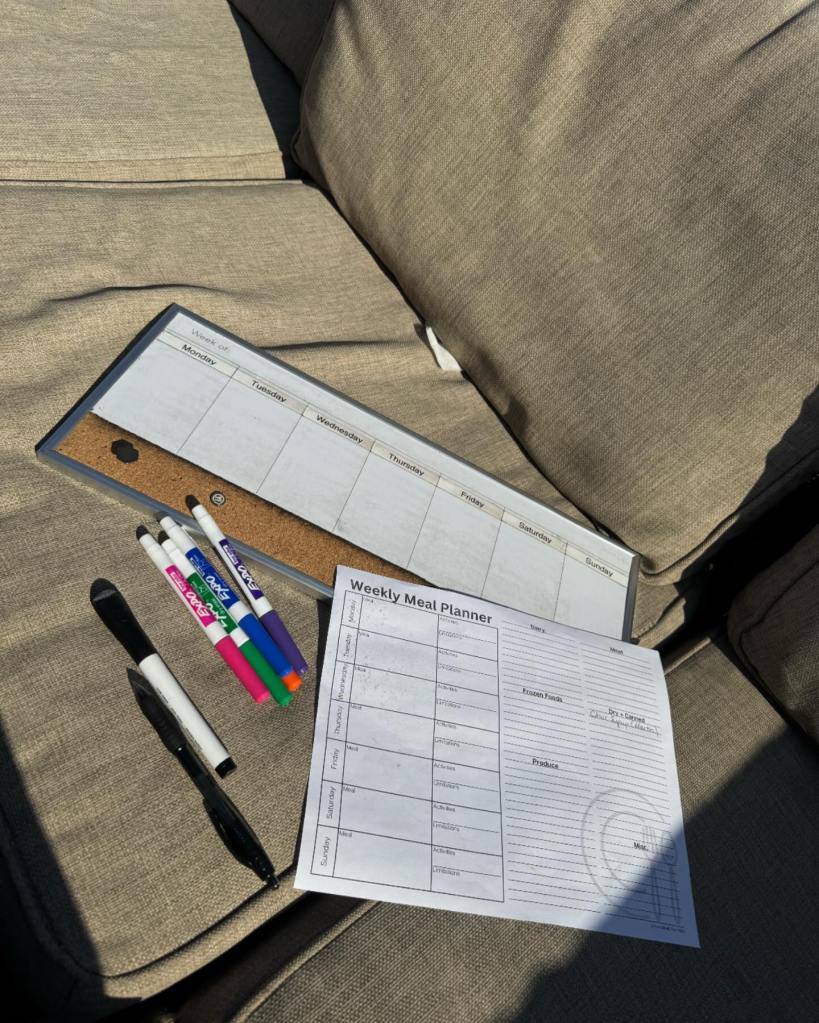 Weekly meal planner worksheet and dry-erase calendar for family meal planning